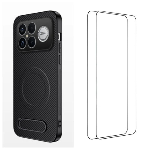 WANLONFENG For Xiaomi Poco F8 Ultra / Xiaomi Redmi K90 Pro Max 5G Magnetic Case with 2Pcs Tempered Glass Films  QT1 Series Kickstand Carbon Fiber Texture PC TPU Phone Cover - Black - 1