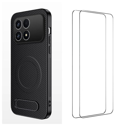 WANLONFENG For Xiaomi Poco F8 Pro 5G / Xiaomi Redmi K90 5G Magnetic Case with 2Pcs Tempered Glass Films  QT1 Series Kickstand Carbon Fiber Texture PC TPU Phone Cover - Black - 1