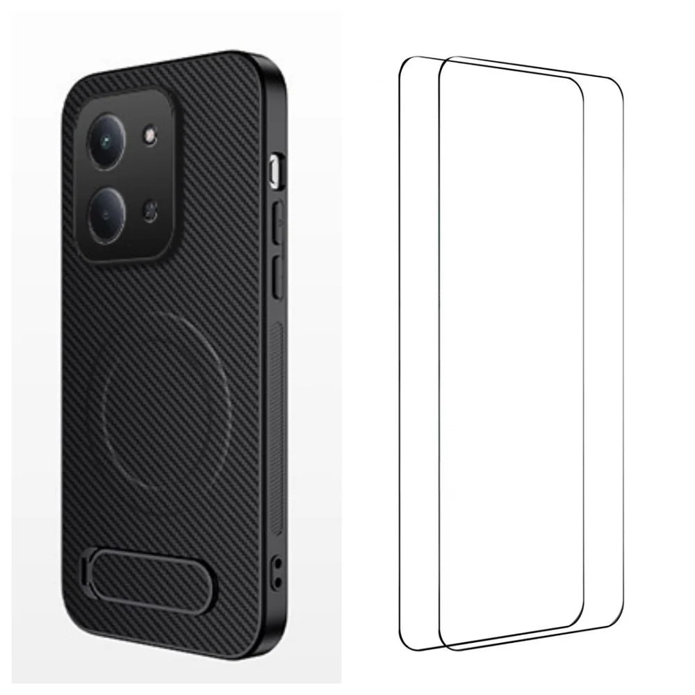 WANLONFENG For Xiaomi Redmi 15C 4G (Global) (171mm) Magnetic Case with 2Pcs Tempered Glass Films  QT1 Series Kickstand Carbon Fiber Texture PC TPU Phone Cover - Black - 1