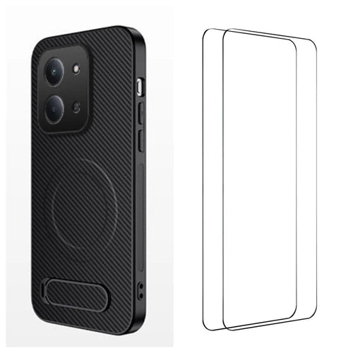WANLONFENG For Xiaomi Redmi 15C 4G (Global) (171mm) Magnetic Case with 2Pcs Tempered Glass Films  QT1 Series Kickstand Carbon Fiber Texture PC TPU Phone Cover - Black - 1