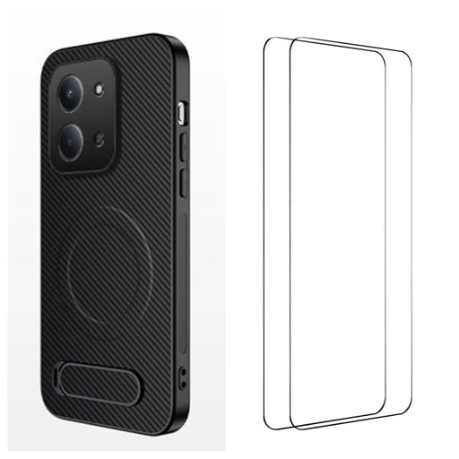 WANLONFENG For Xiaomi Redmi 15C 5G (EU) (173mm) / Xiaomi Redmi 15C 4G (EU) (173mm) Magnetic Case with 2Pcs Tempered Glass Films  QT1 Series Kickstand Carbon Fiber Texture PC TPU Phone Cover - Black - 1