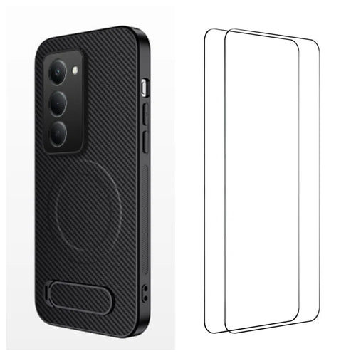 WANLONFENG For Xiaomi Redmi 15 4G (EU) (171mm) / Xiaomi Redmi 15 5G (EU) (171mm) Magnetic Case with 2Pcs Tempered Glass Films  QT1 Series Kickstand Carbon Fiber Texture PC TPU Phone Cover - Black - 1