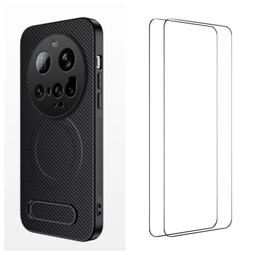 WANLONFENG For Xiaomi 15 Ultra Magnetic Case with 2Pcs Tempered Glass Films  QT1 Series Kickstand Carbon Fiber Texture PC TPU Phone Cover - Black - 1