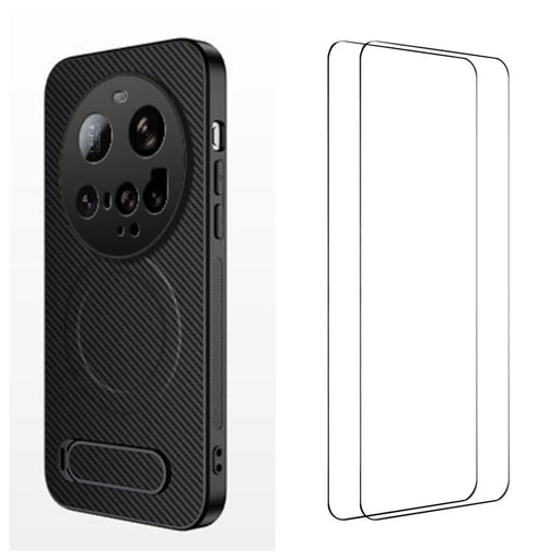 WANLONFENG For Xiaomi 15 Ultra Magnetic Case with 2Pcs Tempered Glass Films  QT1 Series Kickstand Carbon Fiber Texture PC TPU Phone Cover - Black - 1