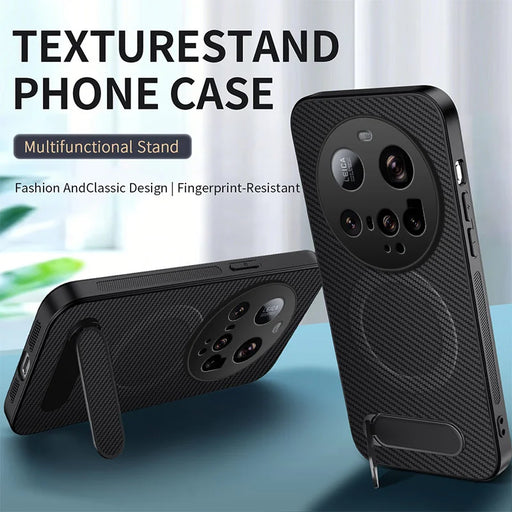 WANLONFENG For Xiaomi 15 Ultra Magnetic Case with 2Pcs Tempered Glass Films  QT1 Series Kickstand Carbon Fiber Texture PC TPU Phone Cover - Black - 2