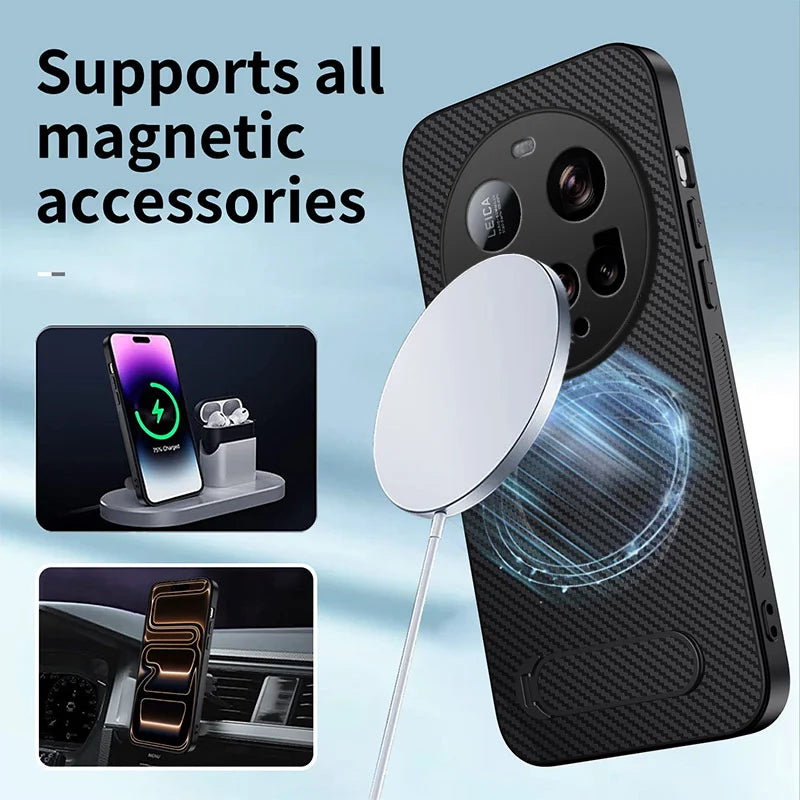 WANLONFENG For Xiaomi 15 Ultra Magnetic Case with 2Pcs Tempered Glass Films  QT1 Series Kickstand Carbon Fiber Texture PC TPU Phone Cover - Black - 3