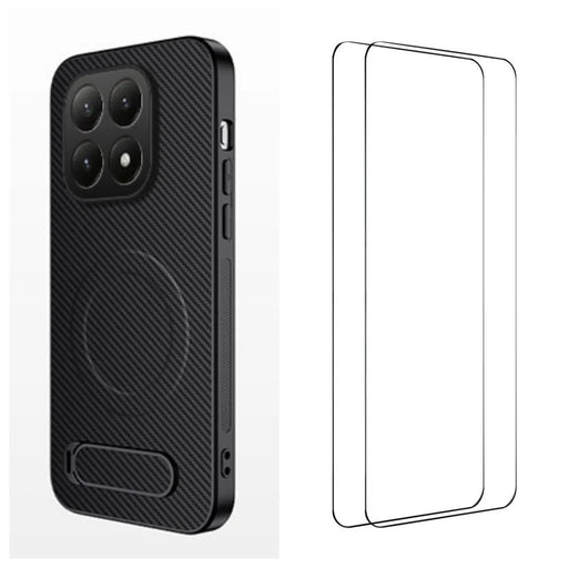 WANLONFENG For Xiaomi 15T Magnetic Case with 2Pcs Tempered Glass Films  QT1 Series Kickstand Carbon Fiber Texture PC TPU Phone Cover - Black - 1
