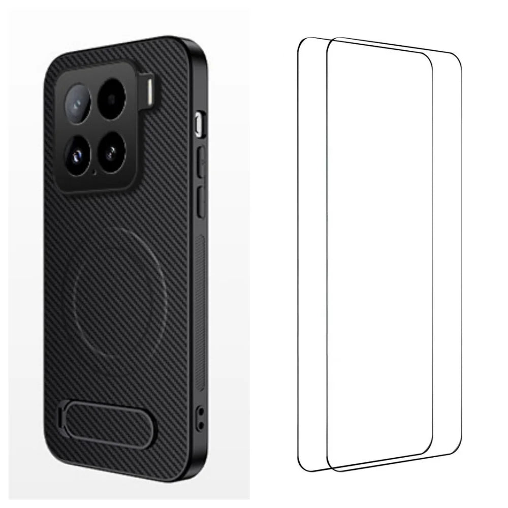 WANLONFENG For Xiaomi 15T Pro Magnetic Case with 2Pcs Tempered Glass Films  QT1 Series Kickstand Carbon Fiber Texture PC TPU Phone Cover - Black - 1