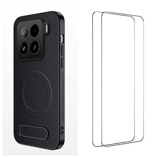WANLONFENG For Xiaomi 15T Pro Magnetic Case with 2Pcs Tempered Glass Films  QT1 Series Kickstand Carbon Fiber Texture PC TPU Phone Cover - Black - 1