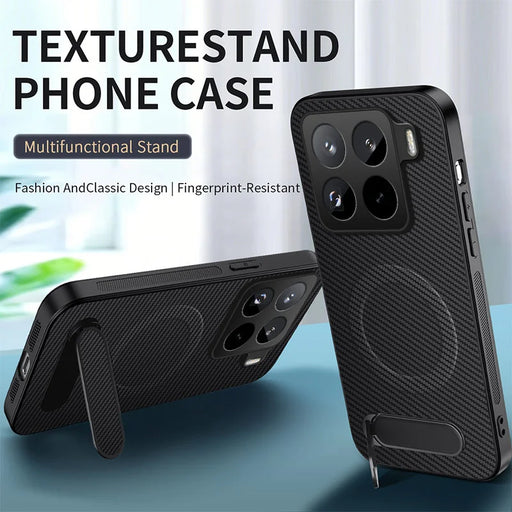 WANLONFENG For Xiaomi 15T Pro Magnetic Case with 2Pcs Tempered Glass Films  QT1 Series Kickstand Carbon Fiber Texture PC TPU Phone Cover - Black - 2