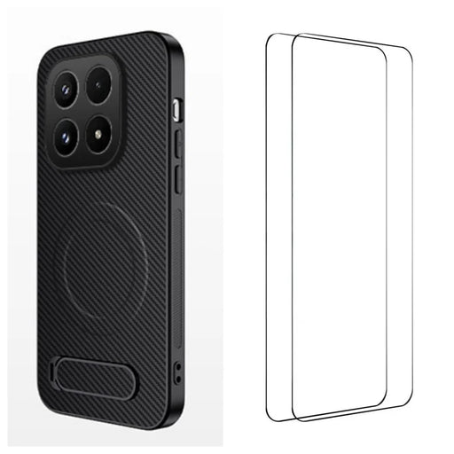WANLONFENG For Xiaomi 17 Magnetic Case with 2Pcs Tempered Glass Films  QT1 Series Kickstand Carbon Fiber Texture PC TPU Phone Cover - Black - 1