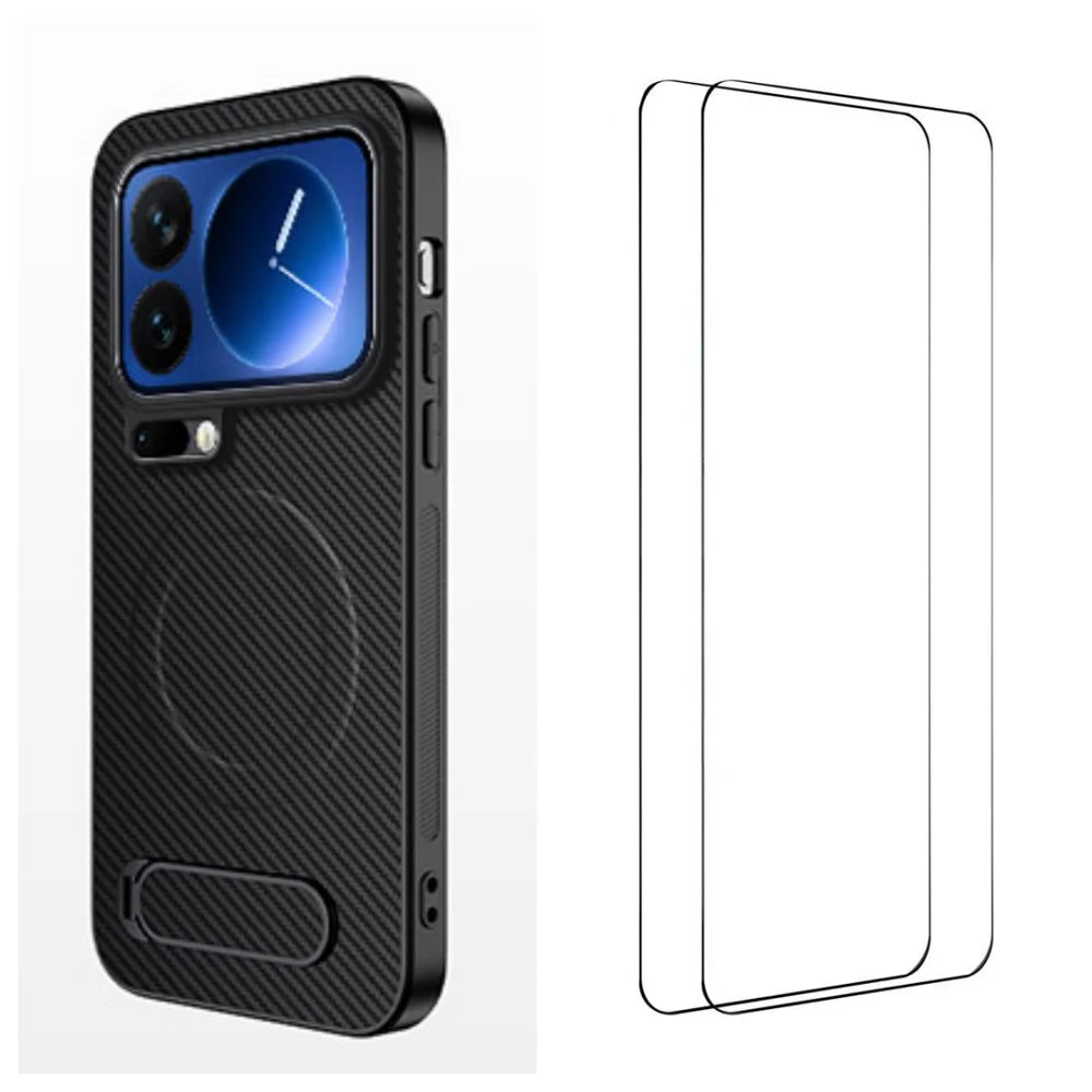 WANLONFENG For Xiaomi 17 Pro Magnetic Case with 2Pcs Tempered Glass Films  QT1 Series Kickstand Carbon Fiber Texture PC TPU Phone Cover - Black - 1