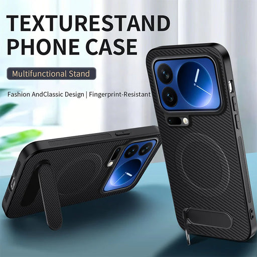 WANLONFENG For Xiaomi 17 Pro Magnetic Case with 2Pcs Tempered Glass Films  QT1 Series Kickstand Carbon Fiber Texture PC TPU Phone Cover - Black - 2
