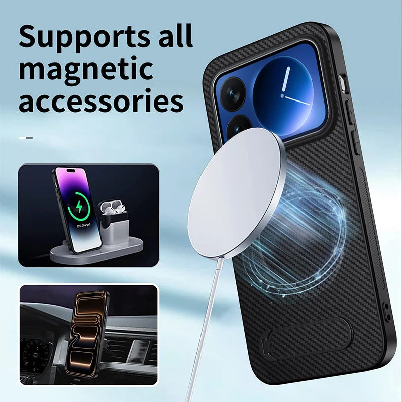 WANLONFENG For Xiaomi 17 Pro Magnetic Case with 2Pcs Tempered Glass Films  QT1 Series Kickstand Carbon Fiber Texture PC TPU Phone Cover - Black - 3