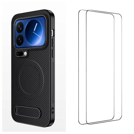 WANLONFENG For Xiaomi 17 Pro Max Magnetic Case with 2Pcs Tempered Glass Films  QT1 Series Kickstand Carbon Fiber Texture PC TPU Phone Cover - Black - 1
