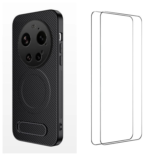 WANLONFENG For Xiaomi 17 Ultra 5G Magnetic Case with 2Pcs Tempered Glass Films  QT1 Series Kickstand Carbon Fiber Texture PC TPU Phone Cover - Black - 1