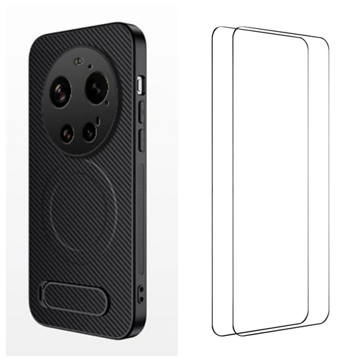 WANLONFENG For Xiaomi 17 Ultra 5G Magnetic Case with 2Pcs Tempered Glass Films  QT1 Series Kickstand Carbon Fiber Texture PC TPU Phone Cover - Black - 1
