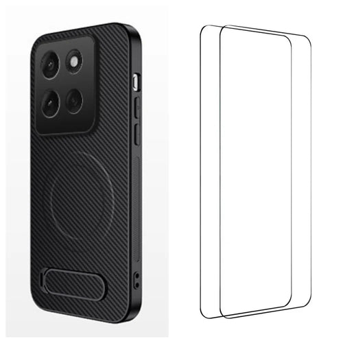 WANLONFENG For Motorola Moto G86 5G Magnetic Case with 2Pcs Tempered Glass Films  QT1 Series Kickstand Carbon Fiber Texture PC TPU Phone Cover - Black - 1