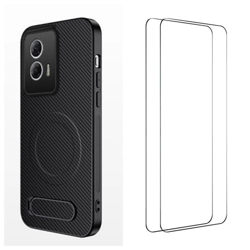 WANLONFENG For Motorola Moto G85 5G Magnetic Case with 2Pcs Tempered Glass Films  QT1 Series Kickstand Carbon Fiber Texture PC TPU Phone Cover - Black - 1