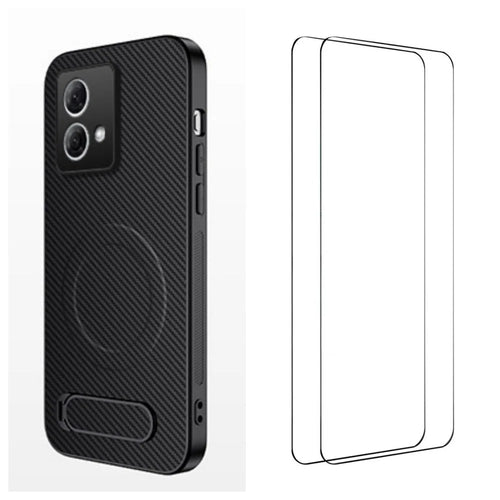 WANLONFENG For Motorola Moto G84 5G Magnetic Case with 2Pcs Tempered Glass Films  QT1 Series Kickstand Carbon Fiber Texture PC TPU Phone Cover - Black - 1