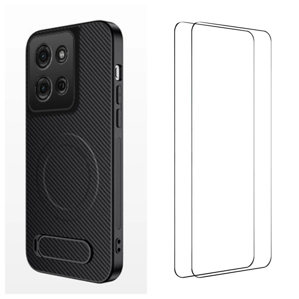 WANLONFENG For Motorola Moto G75 5G Magnetic Case with 2Pcs Tempered Glass Films  QT1 Series Kickstand Carbon Fiber Texture PC TPU Phone Cover - Black - 1