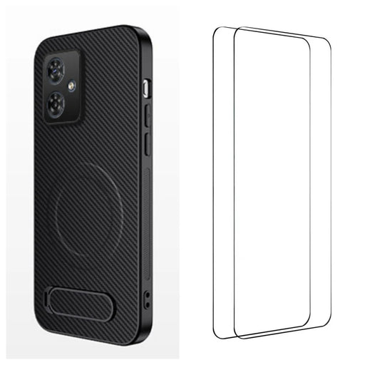 WANLONFENG For Motorola Moto G64 5G Magnetic Case with 2Pcs Tempered Glass Films  QT1 Series Kickstand Carbon Fiber Texture PC TPU Phone Cover - Black - 1