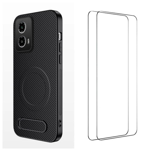 WANLONFENG For Motorola Moto G45 5G Magnetic Case with 2Pcs Tempered Glass Films  QT1 Series Kickstand Carbon Fiber Texture PC TPU Phone Cover - Black - 1
