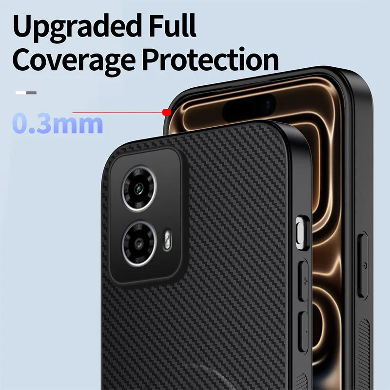 WANLONFENG For Motorola Moto G34 5G Magnetic Case with 2Pcs Tempered Glass Films  QT1 Series Kickstand Carbon Fiber Texture PC TPU Phone Cover - Black - 5