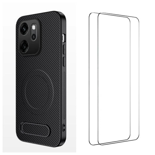 WANLONFENG For Oppo Reno14 F 5G Magnetic Case with 2Pcs Tempered Glass Films  QT1 Series Kickstand Carbon Fiber Texture PC TPU Phone Cover - Black - 1