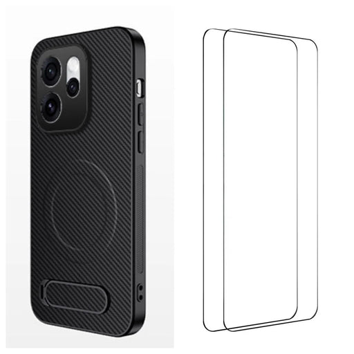 WANLONFENG For Oppo Reno15 Pro 5G (Global) / Oppo Reno15 5G (China) Magnetic Case with 2Pcs Tempered Glass Films  QT1 Series Kickstand Carbon Fiber Texture PC TPU Phone Cover - Black - 1