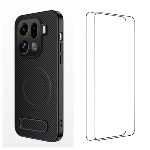 WANLONFENG For Oppo Find X9 Pro 5G Magnetic Case with 2Pcs Tempered Glass Films  QT1 Series Kickstand Carbon Fiber Texture PC TPU Phone Cover - Black - 1