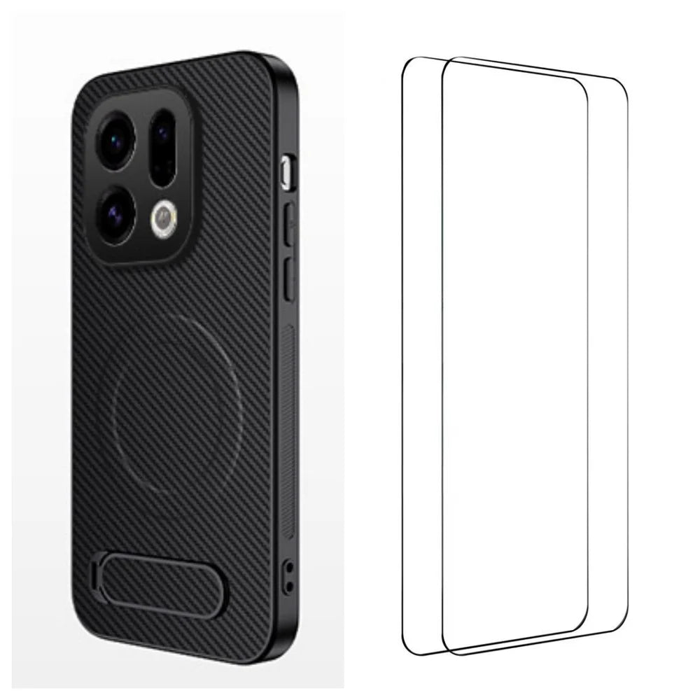 WANLONFENG For Oppo Find X9 5G Magnetic Case with 2Pcs Tempered Glass Films  QT1 Series Kickstand Carbon Fiber Texture PC TPU Phone Cover - Black - 1