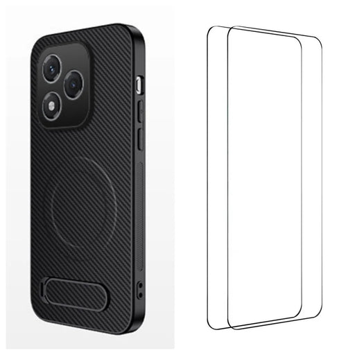 WANLONFENG For Honor 400 Lite 5G Magnetic Case with 2Pcs Tempered Glass Films  QT1 Series Kickstand Carbon Fiber Texture PC TPU Phone Cover - Black - 1