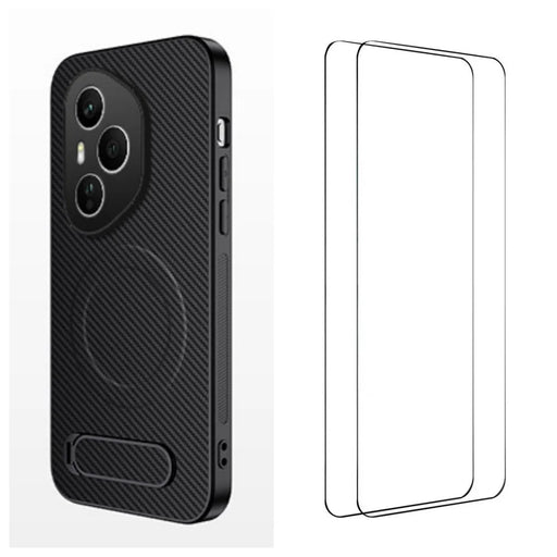 WANLONFENG For Honor 400 Pro 5G (Global) Magnetic Case with 2Pcs Tempered Glass Films  QT1 Series Kickstand Carbon Fiber Texture PC TPU Phone Cover - Black - 1