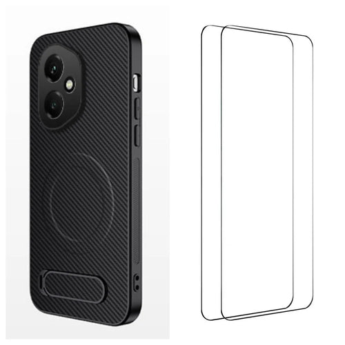 WANLONFENG For Honor 400 5G (Global) Magnetic Case with 2Pcs Tempered Glass Films  QT1 Series Kickstand Carbon Fiber Texture PC TPU Phone Cover - Black - 1