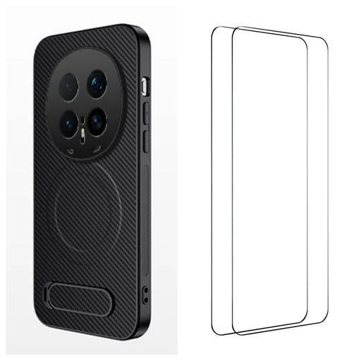 WANLONFENG For Honor Magic8 Pro 5G Magnetic Case with 2Pcs Tempered Glass Films  QT1 Series Kickstand Carbon Fiber Texture PC TPU Phone Cover - Black - 1