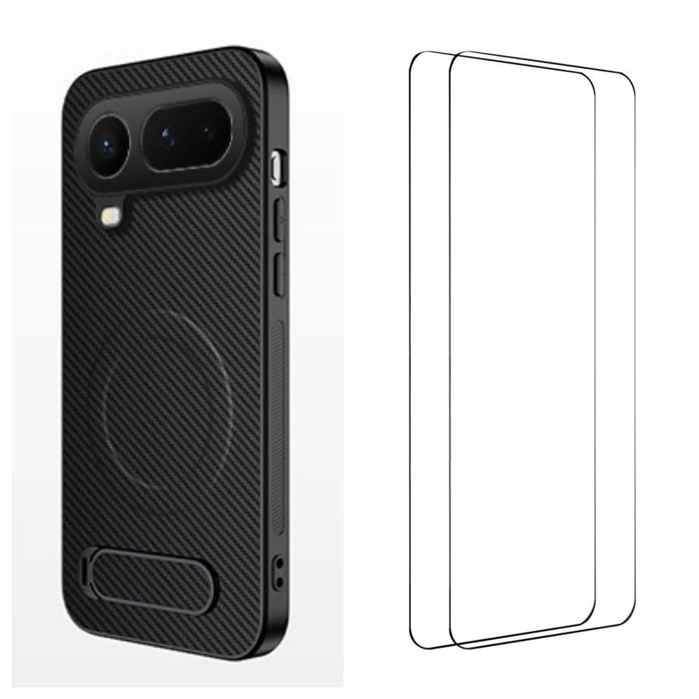 WANLONFENG For Honor Magic8 Pro Air 5G Magnetic Case with 2Pcs Tempered Glass Films  QT1 Series Kickstand Carbon Fiber Texture PC TPU Phone Cover - Black - 1