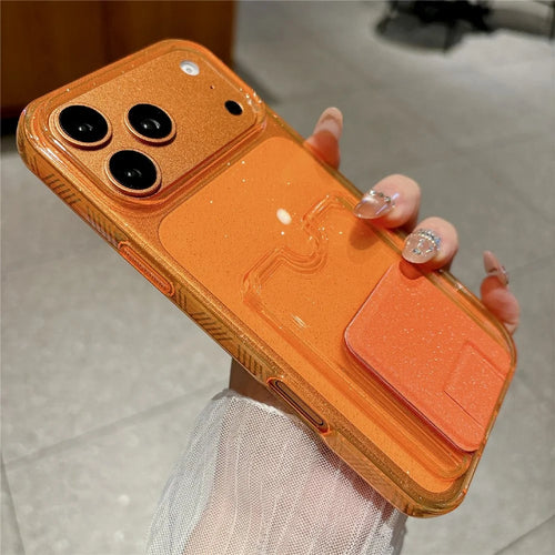 For iPhone 17 Pro Glitter Phone Case 2.0mm Shockproof TPU Phone Cover with Card Holder Kickstand - Orange - 1