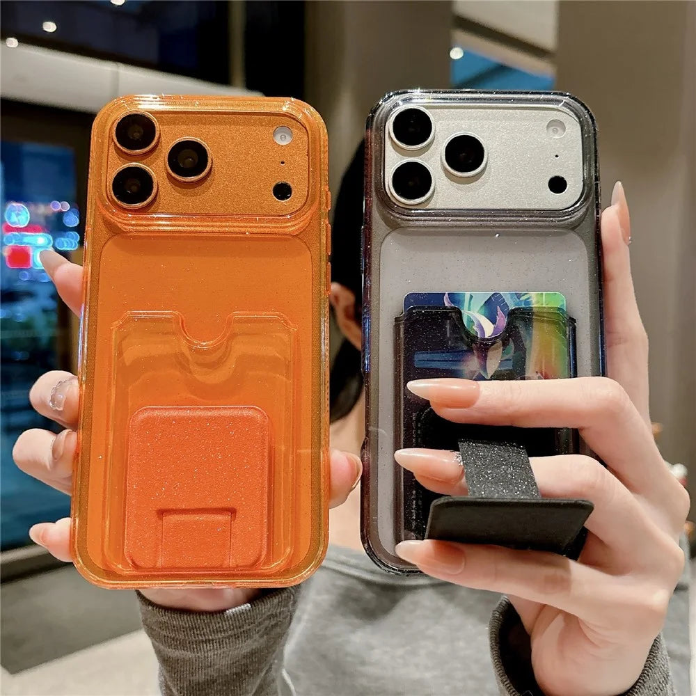 For iPhone 17 Pro Glitter Phone Case 2.0mm Shockproof TPU Phone Cover with Card Holder Kickstand - Orange - 2