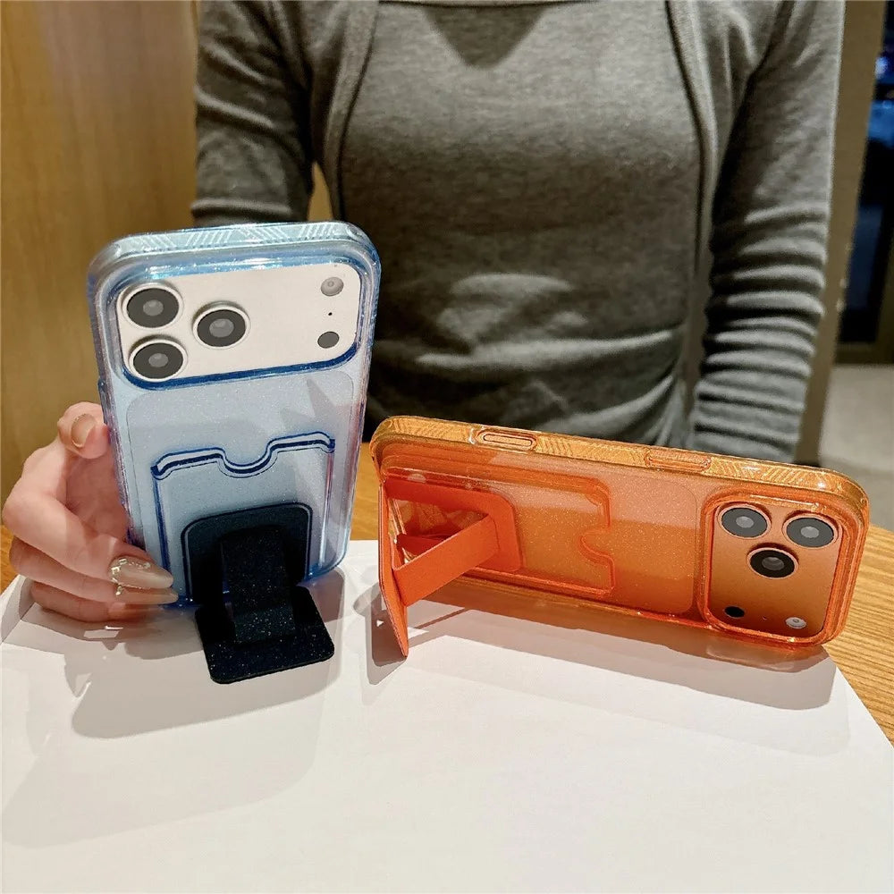 For iPhone 17 Pro Glitter Phone Case 2.0mm Shockproof TPU Phone Cover with Card Holder Kickstand - Orange - 3