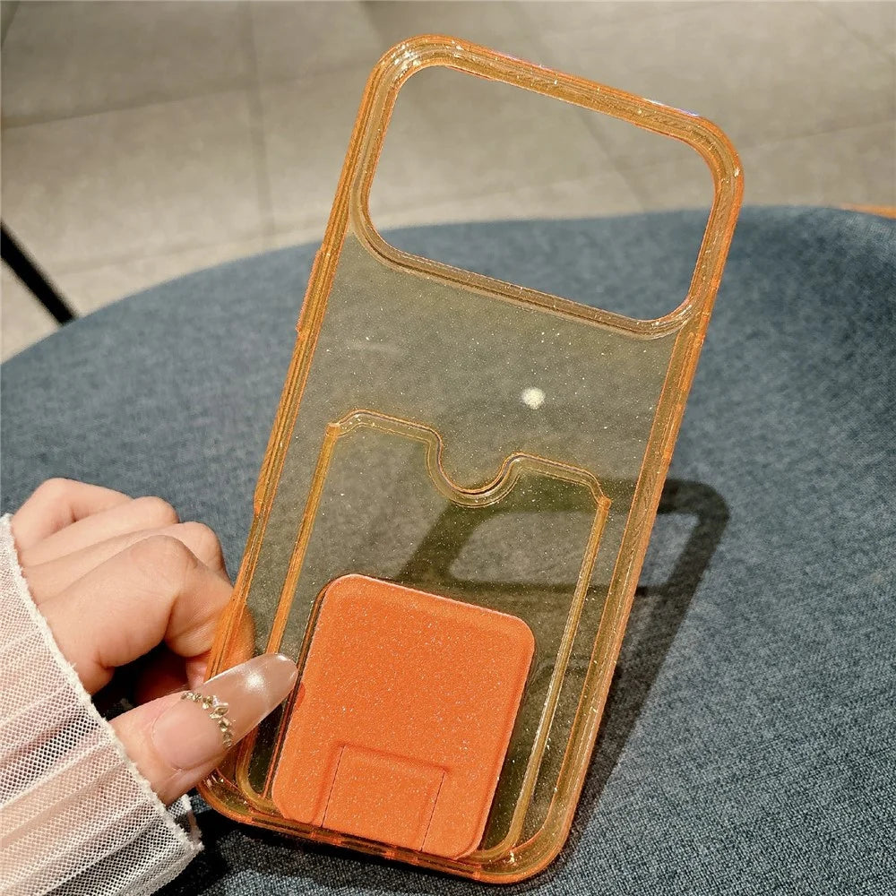 For iPhone 17 Pro Glitter Phone Case 2.0mm Shockproof TPU Phone Cover with Card Holder Kickstand - Orange - 4