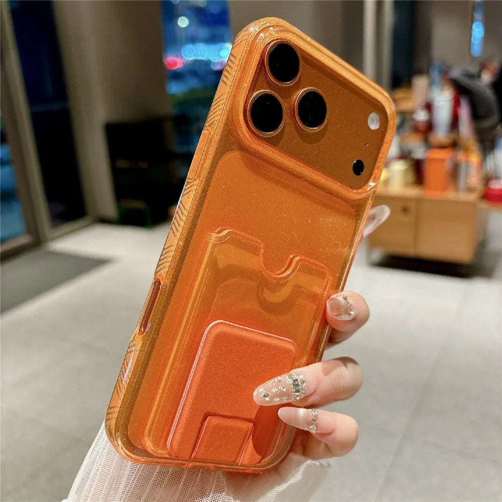 For iPhone 17 Pro Glitter Phone Case 2.0mm Shockproof TPU Phone Cover with Card Holder Kickstand - Orange - 6