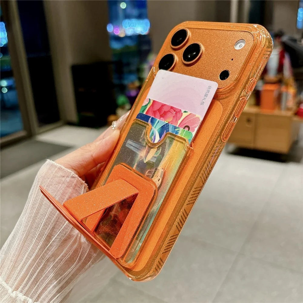 For iPhone 17 Pro Glitter Phone Case 2.0mm Shockproof TPU Phone Cover with Card Holder Kickstand - Orange - 7