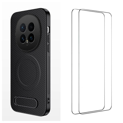 WANLONFENG For Honor Magic8 5G Magnetic Case with 2Pcs Tempered Glass Films  QT1 Series Kickstand Carbon Fiber Texture PC TPU Phone Cover - Black - 1