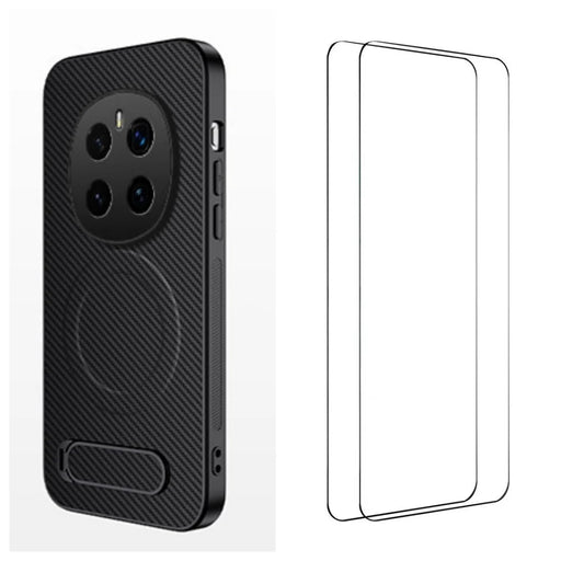 WANLONFENG For Honor Magic7 Pro 5G Magnetic Case with 2Pcs Tempered Glass Films  QT1 Series Kickstand Carbon Fiber Texture PC TPU Phone Cover - Black - 1