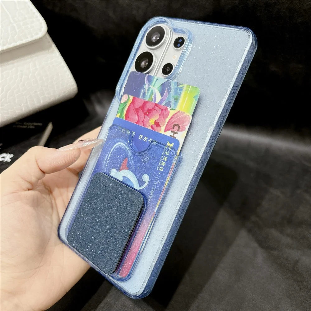 For Samsung Galaxy S26 Ultra Glitter Phone Case 2.0mm Shockproof TPU Phone Cover with Card Holder Kickstand - Black - 5