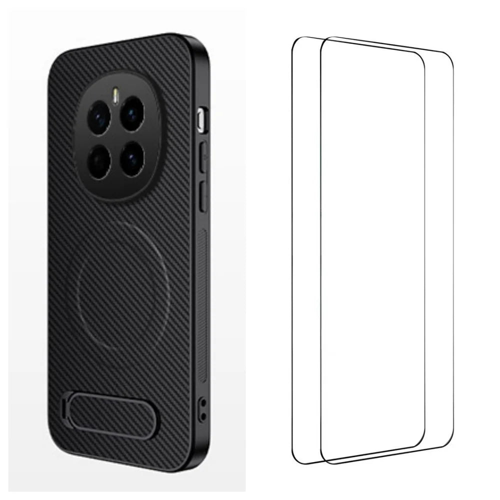 WANLONFENG For Honor Magic7 5G Magnetic Case with 2Pcs Tempered Glass Films  QT1 Series Kickstand Carbon Fiber Texture PC TPU Phone Cover - Black - 1