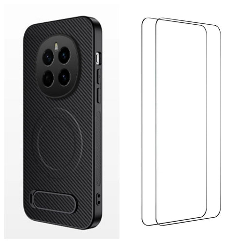 WANLONFENG For Honor Magic7 5G Magnetic Case with 2Pcs Tempered Glass Films  QT1 Series Kickstand Carbon Fiber Texture PC TPU Phone Cover - Black - 1