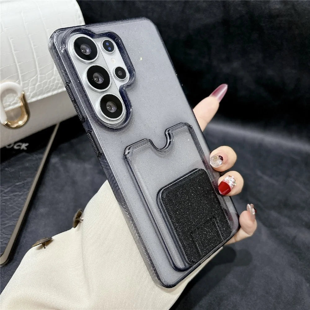 For Samsung Galaxy S25 Ultra Glitter Phone Case 2.0mm Shockproof TPU Phone Cover with Card Holder Kickstand - Black - 1