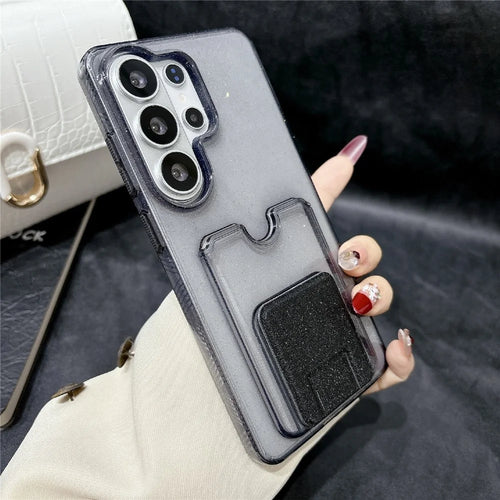 For Samsung Galaxy S25 Ultra Glitter Phone Case 2.0mm Shockproof TPU Phone Cover with Card Holder Kickstand - Black - 1